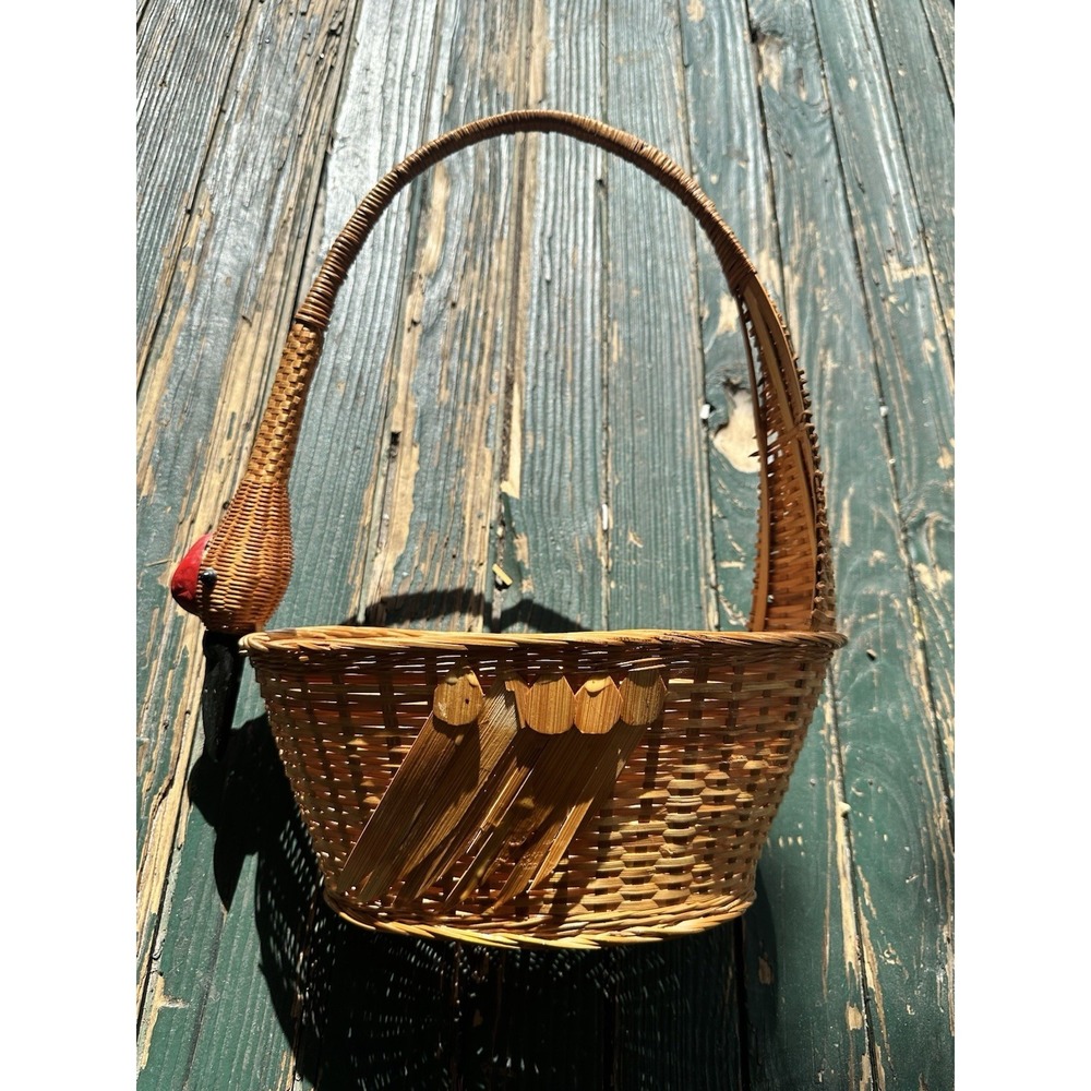 Goose Handled  Wicker Rattan Basket‎ 19" Tall With Handle Real Character Vtg